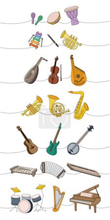 Collection d'instruments de musique. Djembe batterie, bongo, maracas, xylophone, flûte, trompette, luth, violon, bandura, tuba, cor français, saxophone, guitare basse, banjo, accordéon, piano, batterie, lyre, harpe.