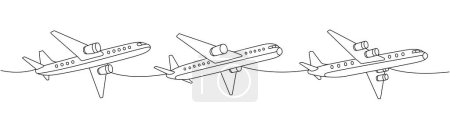 Flugzeug eingestellt. Passagierflugzeuge eine Linie durchgehende Zeichnung. Unterschiedlicher Lufttransport durchgängig eine Linie Illustration. Vektor minimalistische lineare Illustration. Isoliert auf weißem Hintergrund