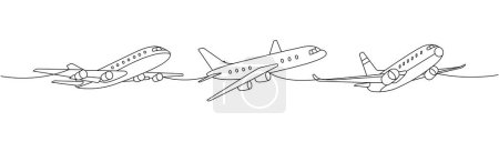 Flugzeugset. Passagierflugzeuge eine Linie durchgehende Zeichnung. Unterschiedlicher Lufttransport durchgängig eine Linie Illustration. Vektor minimalistische lineare Illustration. Isoliert auf weißem Hintergrund