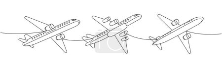 Düsenflugzeug eingestellt. Passagierflugzeuge eine Linie durchgehende Zeichnung. Unterschiedlicher Lufttransport durchgängig eine Linie Illustration. Vektor minimalistische lineare Illustration. Isoliert auf weißem Hintergrund