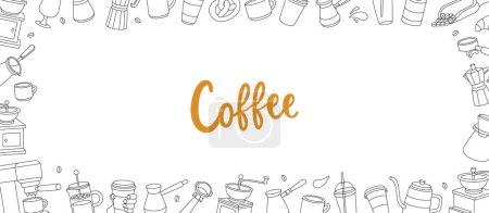 Coffee shop horizontal outline banner. Elements for cafe menu, coffee shop. Beans, cups, pot, package, grinder, filter, machine, portafilter, kettle. Vector illustration. Isolated on white background.