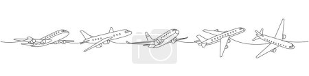 Flugzeugset. Luftverkehr eine Linie ununterbrochene Zeichnung. Passagierflugzeuge durchlaufen eine Linie. Vektor minimalistische lineare Illustration. Isoliert auf weißem Hintergrund