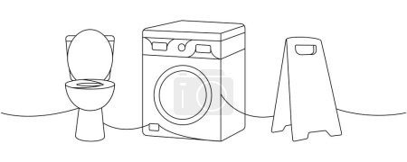 Cleaning service tools one line continuous drawing. Toilet bowl, washing machine, accident prevention sign continuous one line illustration. Vector linear illustration. Isolated on white background