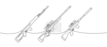 Set Scharfschützengewehre eine Linie kontinuierliche Zeichnung. Verschiedene moderne Waffen durchlaufen eine Zeilenillustration. Lineare Vektordarstellung. Isoliert auf weißem Hintergrund