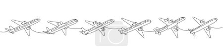 Flugzeug eingestellt. Luftverkehr eine Linie ununterbrochene Zeichnung. Passagierflugzeuge durchlaufen eine Linie. Vektor minimalistische lineare Illustration. Isoliert auf weißem Hintergrund