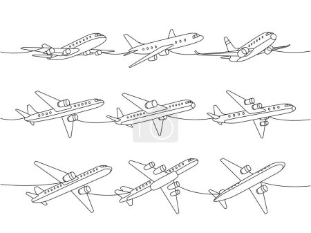 Düsenflugzeug eingestellt. Luftverkehr eine Linie ununterbrochene Zeichnung. Passagierflugzeuge durchlaufen eine Linie. Vektor minimalistische lineare Illustration. Isoliert auf weißem Hintergrund