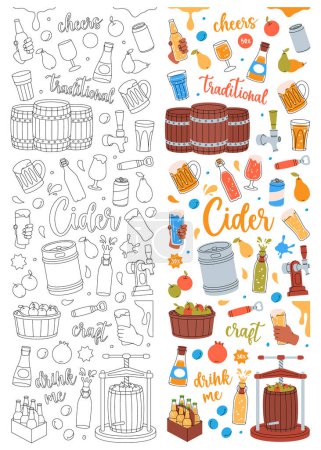 Fruit cider set. Hand drawn craft fruit beer collection. Cider process production. Harvest of pears, apples, plums, pomegranate. Vector illustration. Isolated on white background.