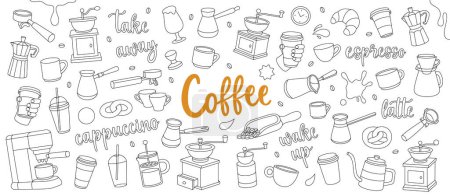 Coffee outline set. Beans, drinks, cups, pot, package, grinder, filter, machine, portafilter, kettle. Hand drawn elements for cafe menu, coffee shop. Vector illustration. Isolated on white background.