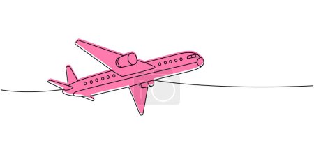 Flugzeug, Passagierflugzeug eine Linie farbige ununterbrochene Zeichnung. Unterschiedlicher Lufttransport durchgängig eine Linie Illustration. Vektor minimalistische lineare Illustration. Isoliert auf weißem Hintergrund