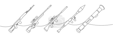 Various weapons one line continuous drawing. Sniper rifles, anti-tank grenade launchers continuous one line illustration. Vector linear illustration. Isolated on white background
