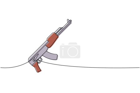 Sturmgewehr AK 47 einzeilige farbige Endloszeichnung. Verschiedene moderne Waffen durchlaufen eine Zeilenillustration. Lineare Vektordarstellung. Isoliert auf weißem Hintergrund