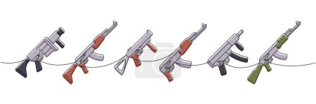 Militärische Waffen eine Linie farbige ununterbrochene Zeichnung. Granatwerfer, Sturmgewehr AK 47, taktische Sturmgewehre durchgehend einstreifig. Vektorillustration. Isoliert auf weißem Hintergrund