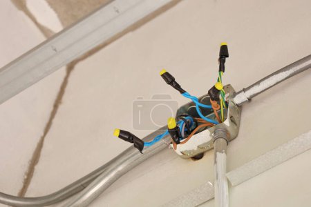 Photo for Wire Nut connects electrical wires in a junction box. Using plastic insulation clamps, wire nuts to connect twisted wires in a distribution box on a concrete wall. Selective focus. - Royalty Free Image