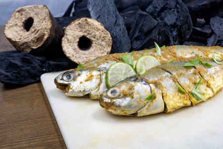 Fischgrill vorhanden. Marinierter Fisch mit Salz, grünem Chili und Kurkumapulver. Holzkohle und Kohle im Hintergrund. Fischzubereitung.