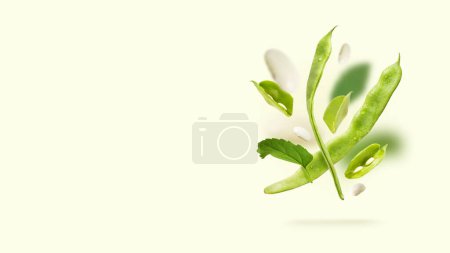 Photo for Flat pods of raw helda romano beans and green leaves float over light background. Summer vitamins diet, Healthy nutrition vegetarian concept. Flying food and organic vegetables. Copy space. Banner. - Royalty Free Image