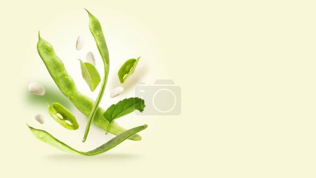 Photo for Flat pods of raw helda romano string beans and green leaves float in the air over light background. Summer diet, Healthy nutrition concept. Flying food and organic vegetables. Copy space. Banner. - Royalty Free Image