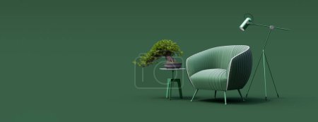 Kreative Innenarchitektur im grünen Studio mit Sessel. Minimales Farbkonzept. 3D-Darstellung 3D-Darstellung