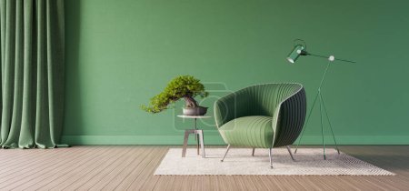 Téléchargez les photos : Green concrete wall with modern armchair. Minimal interior design, 3d render - en image libre de droit
