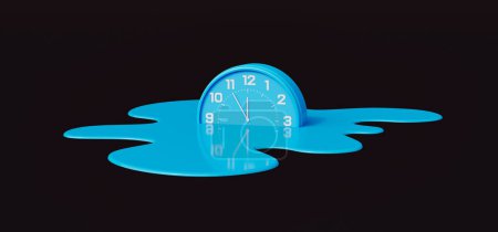 Blue clock is melting on the black background. Time is running out concept 3D render 3D illustration