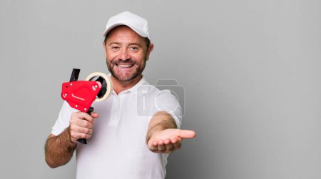 Photo for Middle age man smiling happily with friendly and  offering and showing a concept. company employee - Royalty Free Image
