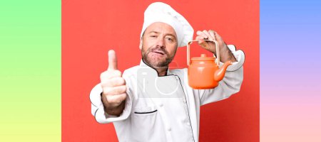 Foto de Hombre de mediana edad concepto de chef con una tetera y café entrenador deportivo concepto con una pelota de fútbol - Imagen libre de derechos