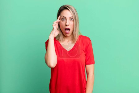 Photo for Blonde adult woman looking surprised, open-mouthed, shocked, realizing a new thought, idea or concept - Royalty Free Image