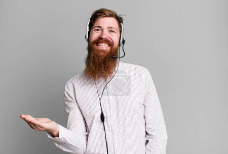 Photo for Long beard man smiling cheerfully, feeling happy and showing a concept. telemarketer agent concept - Royalty Free Image
