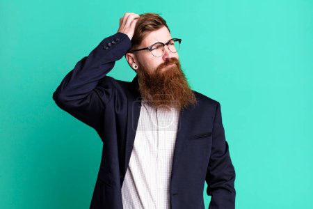 Photo for Long beard man smiling happily and daydreaming or doubting. business concept - Royalty Free Image