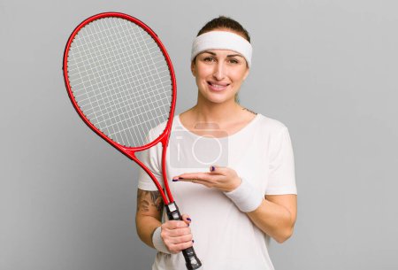 Téléchargez les photos : Jeune jolie femme souriant joyeusement, se sentant heureuse et montrant un concept. concept de tennis - en image libre de droit