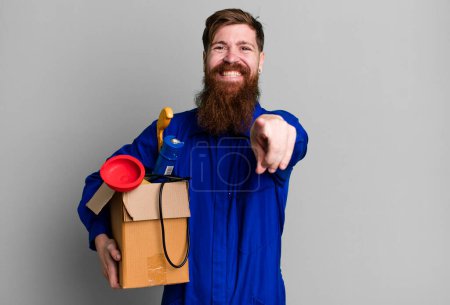 Photo for Long beard man pointing at camera choosing you. repairman with toolbox concept - Royalty Free Image