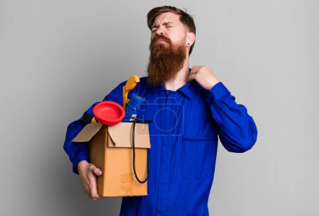 Photo for Long beard man feeling stressed, anxious, tired and frustrated. repairman with toolbox concept - Royalty Free Image