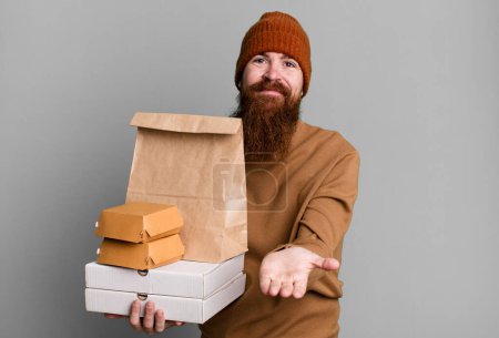 Photo for Long beard and red hair cool man. delivery and take away food concept - Royalty Free Image