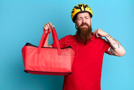 Photo for Long beard man feeling stressed, anxious, tired and frustrated. pizza delivery concept - Royalty Free Image