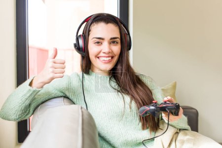 Photo for Pretty young woman gamer concept. house interior design - Royalty Free Image