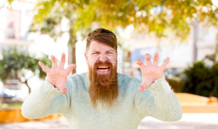 Foto de Hombre barbudo de pelo rojo gritando de pánico o ira, conmocionado, aterrorizado o furioso, con las manos al lado de la cabeza - Imagen libre de derechos