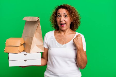 Photo for Feeling shocked,laughing and celebrating success. take away fast food delivery concept. - Royalty Free Image
