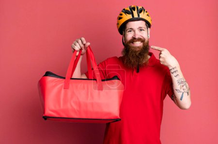 Photo for Long beard man smiling confidently pointing to own broad smile. pizza delivery concept - Royalty Free Image