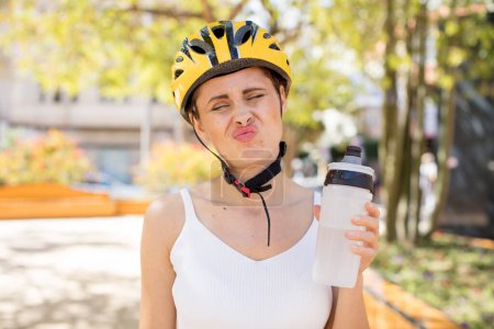 Téléchargez les photos : Young pretty woman feeling sad and whiney with an unhappy look and crying. bike helmet concept - en image libre de droit