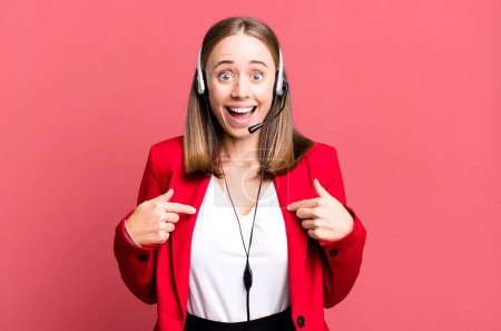 Photo for Feeling happy and pointing to self with an excited. telemarketer concept - Royalty Free Image