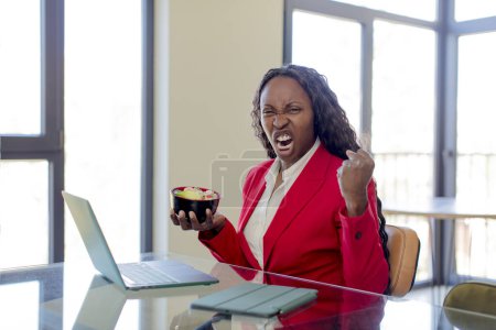 Photo for Black afro woman looking angry, annoyed and frustrated. telecommuting concept - Royalty Free Image