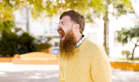 Téléchargez les photos : Homme barbu aux cheveux roux criant agressivement, ayant l'air très en colère, frustré, outré ou agacé, criant non - en image libre de droit
