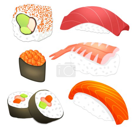 Illustration for Set of tasty sushi sashimi and rolls vector illustration on white background - Royalty Free Image