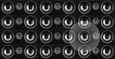 Black and white music speakers arranged in rows and columns