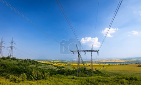 Bulgarian landscape with electricity power grid lines in the middle