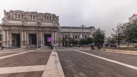 Photo for Panorama of Milano Centrale timelapse - the main central railway station of the city of Milan in Italy. Located on Piazza Duca d'Aosta near the long boulevard Via Vittor Pisani. - Royalty Free Image