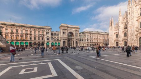 Photo for Panorama showing horse statue with Milan Cathedral and historic buildings timelapse. Duomo di Milano is the cathedral church located at the Piazza del Duomo square in Milan city in Italy - Royalty Free Image