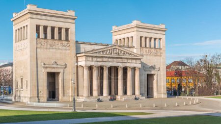 Photo for Propylaea or Propylaen timelapse from above. Monumental city gate in Konigsplatz (King's Square), Munich, Germany, Europe. The building in Doric order, evokes the entrance for the Athenian Acropolis - Royalty Free Image