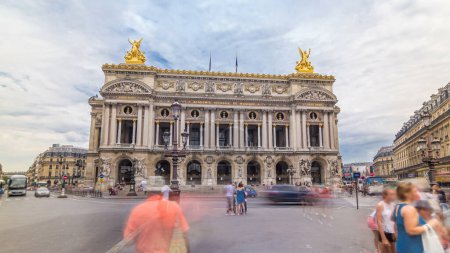 Photo for Palais or Opera Garnier The National Academy of Music timelapse hyperlapse in Paris, France. People walking near entrance to metro and traffic on the street. - Royalty Free Image
