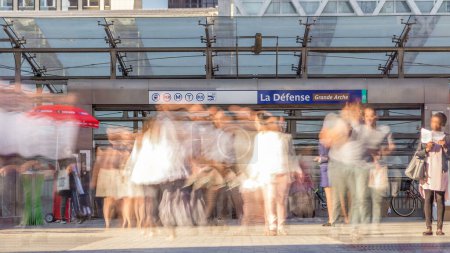 Photo for Exit from metro station. Panorama of La Defence timelapse, business and financial district with high-rise skyscrapers buildings - Royalty Free Image