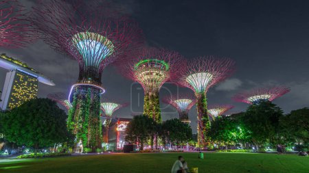 Foto de Vista futurista de la increíble iluminación en Garden by the Bay night en Singapur. Césped verde con los espectadores. Espectáculo de luz nocturna en Supertree Groveis es la principal atracción turística del distrito Marina Bay - Imagen libre de derechos